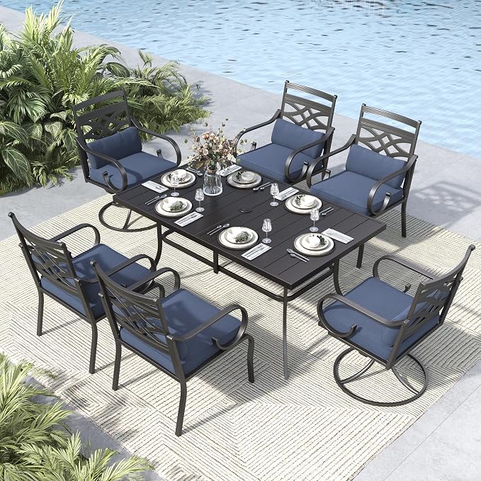 MFSTUDIO 7 PCS, Patio Dining Set, 60"×38", 4 Swivel Chairs, Umbrella Hole | Blue, Steel, Metal, E-coated frame