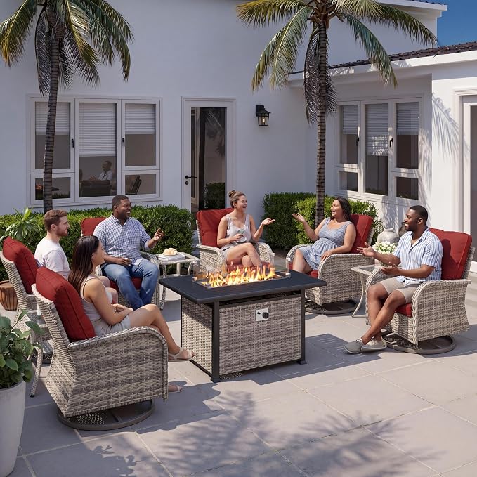 10Pcs Patio Rocking Swivel Chair with 55,000 BTU Fire Pit Table Outdoor Wicker Rattan Bistro Set with Tempered Glass Side Table, Outdoor Patio Furniture Set for Garden and Balcony, Red