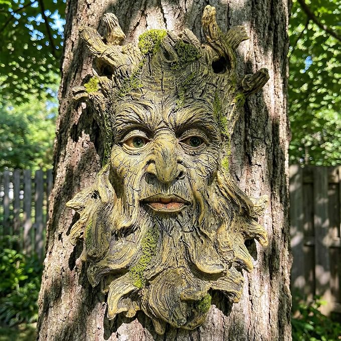 10.3" Whimsical Tree Face Sculpture, Garden Peeker Statue, Outdoor Trunk Tree Huggers Art, Landscape Accent Ornament, Hanging Fairy Elve Figurine for Yard Art, Trees Decor Wall Mounted Statues