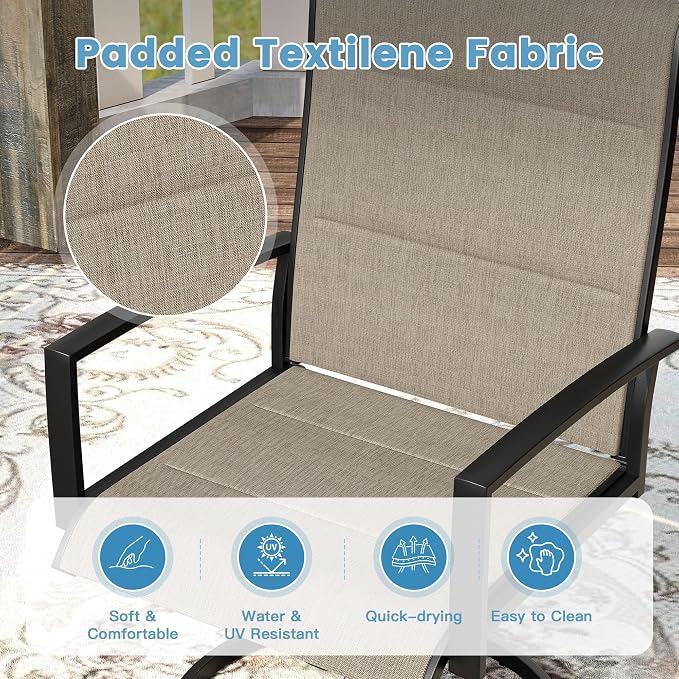 DIFY 5 Piece Outdoor Patio Dining Set for 4, 40.2" Walnut Square Metal Dining Table and Swivel Patio Chairs with Brown Padded Textilene, All-Weather Outdoor Furniture Set for Garden Backyard Porch