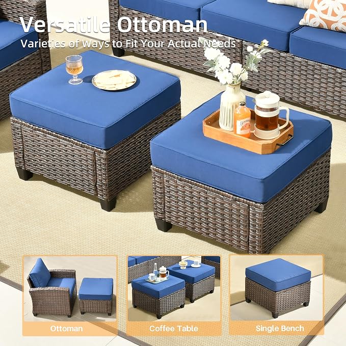 CAODOC Patio Furniture Set, Outdoor Wicker Furniture with Ottomans, 6 Pieces Patio Sectional Sofa Couch Conversation Set for Garden Poolside Backyard, Brown Rattan Blue Cushions