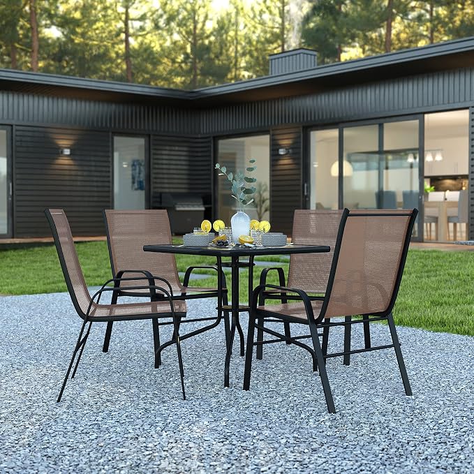 Flash Furniture Brazos 5 Piece Outdoor Patio Dining Set - 4 Brown Flex Comfort Stack Chairs - 31.5" Square Tempered Glass Patio Table