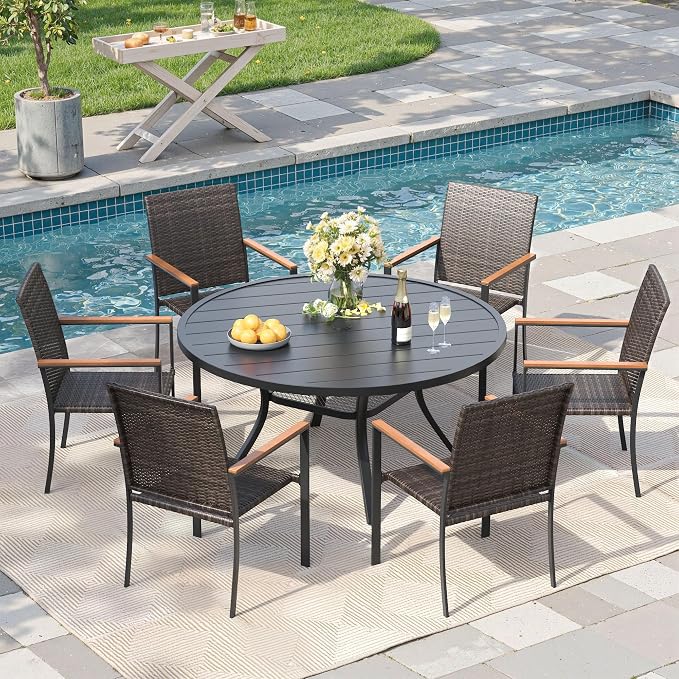 Round Patio Dining Set for 6, 47.2" Round Metal Table with Umbrella Hole and Stackable Wicker Patio Chairs, Outdoor Furniture Set for Deck Backyard Garden, Walnut Chairs, Black Table
