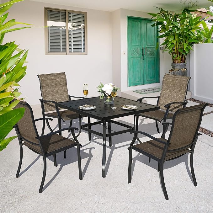 NUU GARDEN 5 Piece Outdoor Dining Set Patio Table and Chairs Set, 4 Textilene Dining Chairs and 1 Iron Patio Table with Umbrella Hole for Garden Patio Backyard, Black and Brown