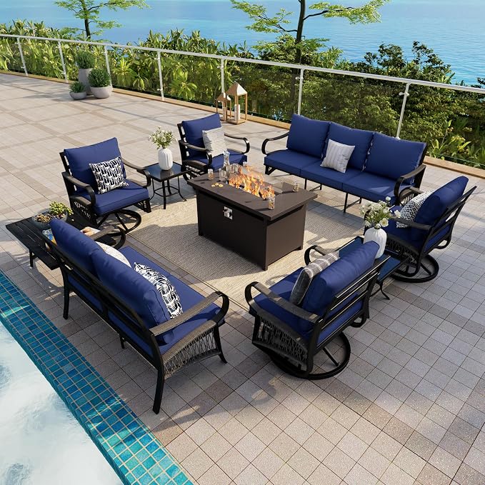 10-Piece Outdoor Furniture Set, Metal Swivel Rocking Chairs with All-Weather Cushions, Patio Conversation Set with Fire Pit Table for Deck, Porch, Garden, Backyard, Poolside (Blue Cushions)
