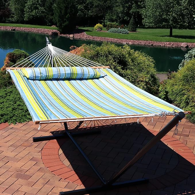 Sunnydaze Set of 2 Outdoor Quilted Fabric Hammocks - 2-Person Hammock with Spreader Bars - Catalina Beach and Blue/Green