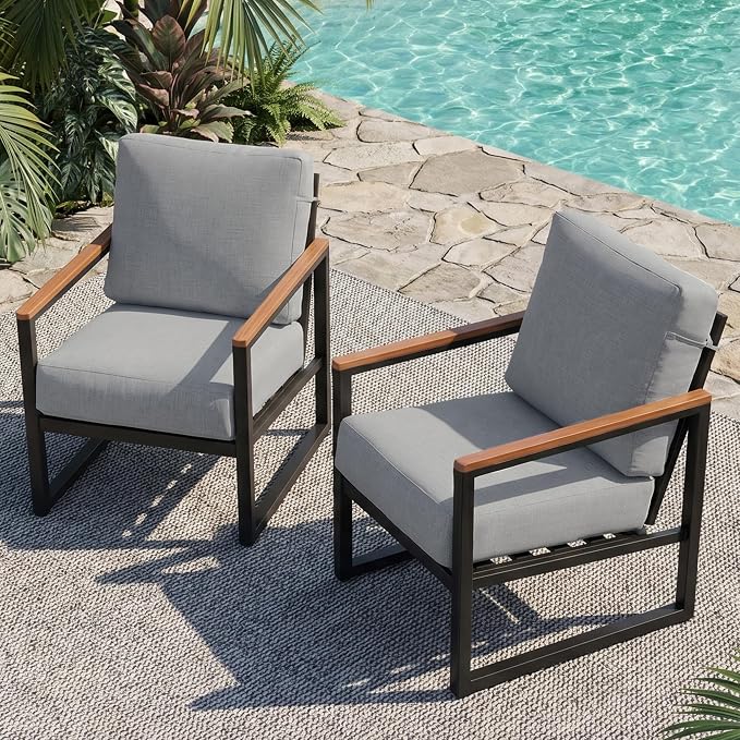 NATURAL EXPRESSIONS Aluminum Outdoor Furniture Armchair, Patio Chairs Set of 2 with Fauxwood Armrest, 6" Olefin Cushion, All-Weather Outside Chair for Porch, Yard, Balcony, Deck