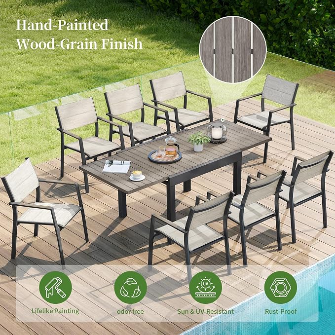 9 Piece Outdoor Dining Set, Expandable Outdoor Patio Dining Table Set for 6-8 Person, Aluminum Outdoor Table and 8 Chairs with Textilene Fabric & Armrest for Patio, Garden, Lawn, Deck(Grey)