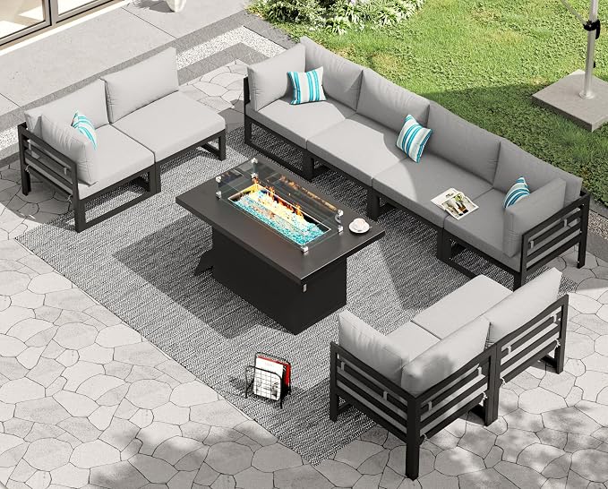 RADIATA 9 Piece Oversized Modular Outdoor Furniture Set with Fire Pit Table, 29 inch Deep Wide Sectional Seating, Heavy Duty Aluminum Frame for 500 lbs, Patio Conversation Set for Poolside, Light Gray