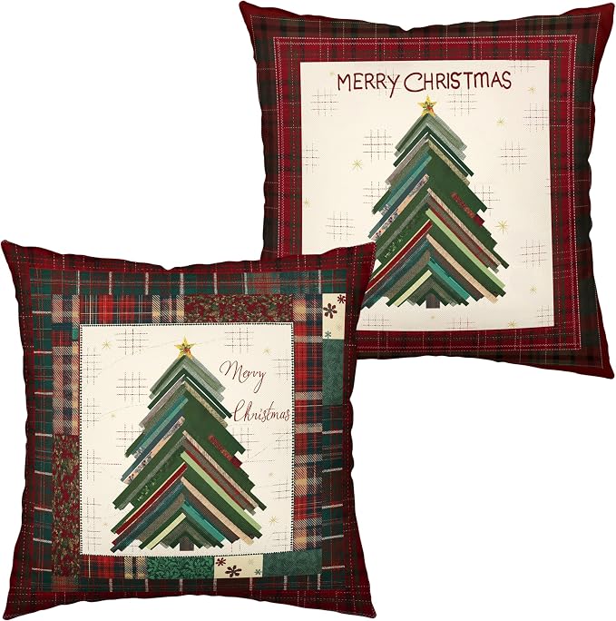 Merry Christmas Pillow Covers 18x18 Set of 2 Red Classic Checkered Green Xmas Tree Throw Pillow Covers Holiday Pillowcase Double Sided Printing Cushion Case for Couch Sofa
