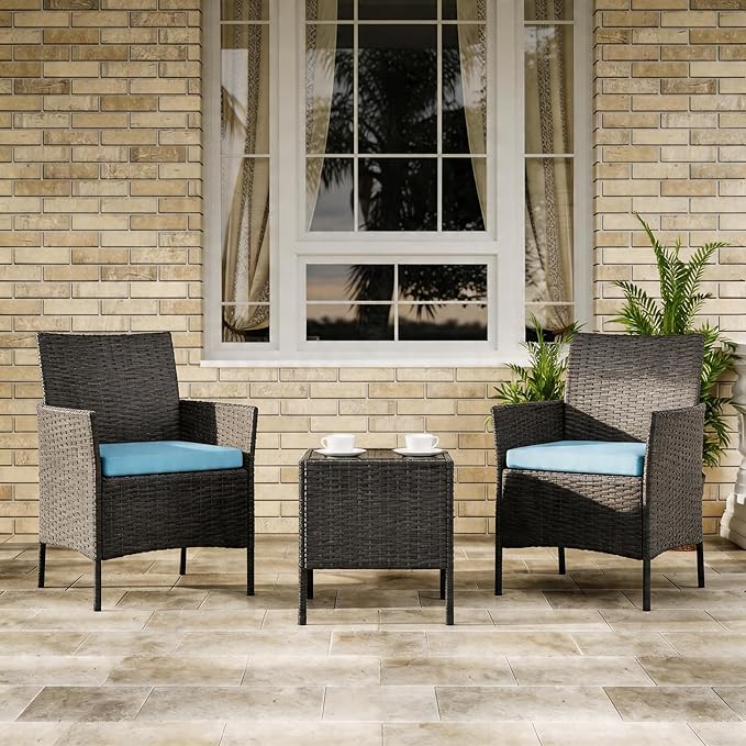 GAOMON 3-Piece Patio Furniture Set, Modern PE Rattan Conversation Set with 2 Chairs & Tempered Glass Coffee Table, All-Weather Outdoor Seating for Garden, Porch, Balcony, Poolside, Blue