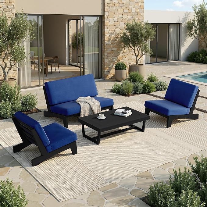 4 Piece Teak Outdoor Patio Frutnire Set, 4 Seater Patio Conversation Sets with Thick Cushions, Outdoor Sectional Furniture with Coffee Table - Navy Blue