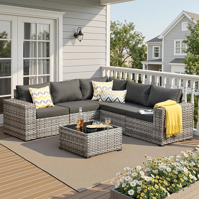 6 Pieces Patio Furniture Set, Outdoor Wicker Sectional Sofa with 7.7" Extra Wide Armrests, Modern Rattan Modular Conversation Set with Thickened Deep Seat Cushions & Coffee Table for Backyard, Black