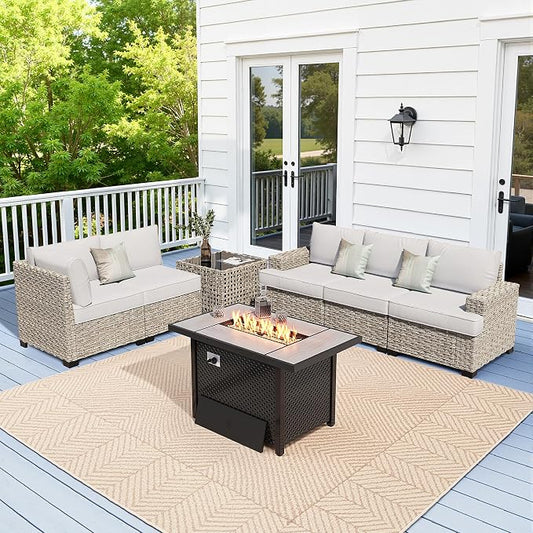 Weaxty 7 Pieces Wide Seats Outdoor Furniture Set, L Shape Sectional Couch Ottoman Fire Pit Solar Table, Thick Cushion All-Weather Rattan Patio Conversation Sets for Backyard Porch Deck, Grey