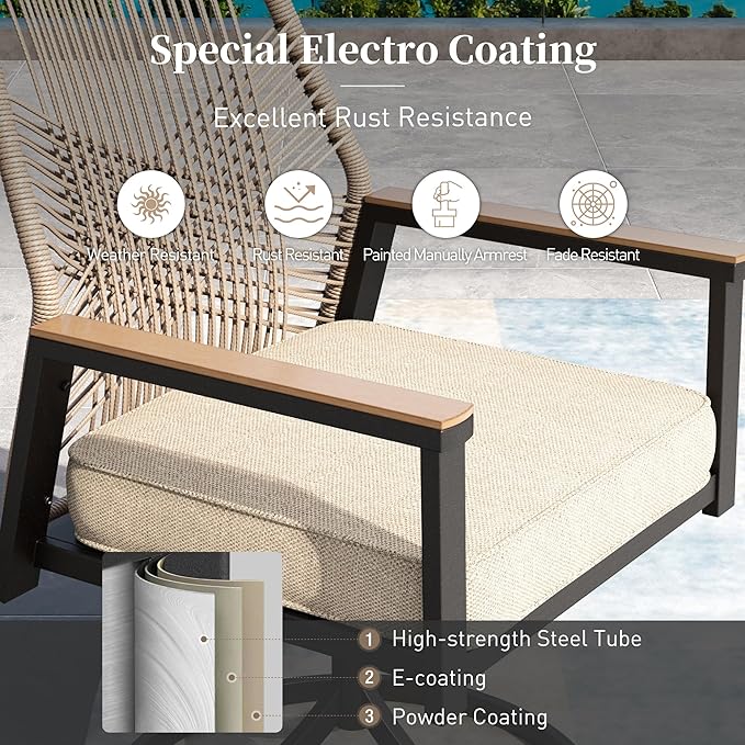 Patio Dining Set 7 Piece, 6 x Woven Rattan Swivel Chairs with Waterproof Cushion, 54” Metal Round Dining Table with Umbrella Hole, Outdoor Table and Chairs Set for Backyard Lawn and Deck,Beige