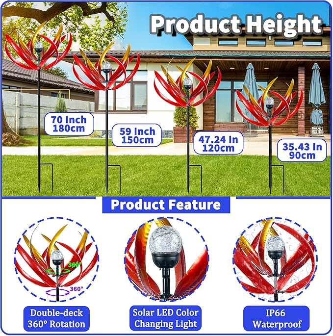 70 in Large Wind Spinners Outdoor, Solar Wind Sculpture, Red | Metal Windmill with Solar Multi-Color Light, All Weather Decor , Ideal Yard Art for Garden, Backyard, Lawn & Outdoor Decor