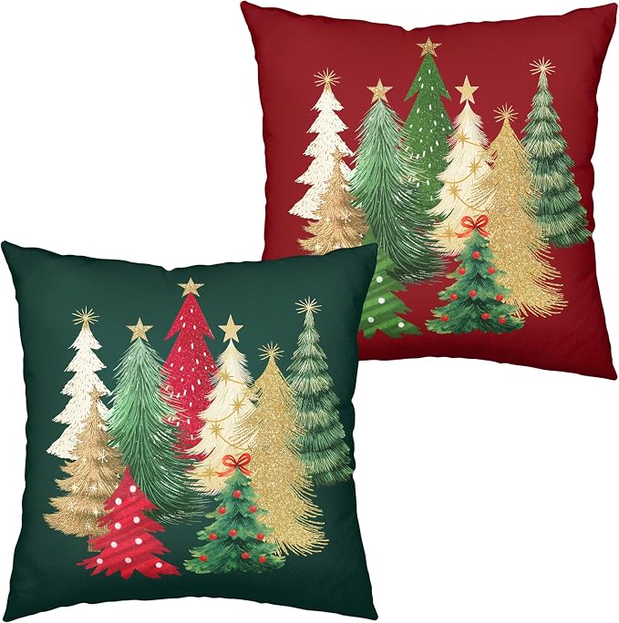 Green and Red Xmas Pillow Covers Set of 2 Colorful Christmas Tree Pillow Case 16x16 Winter Holiday Throw Pillow Cases Cotton Linen Cushion Case for Couch Sofa Home Decor