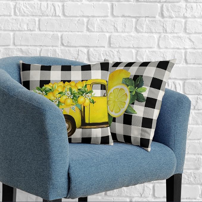 Lemon Pillow Covers Yellow Truck with Lemon Blossom Throw Pillow Covers Black Buffalo Plaid Cushion Case 16x16 Set of 2 for Living Room Farmhouse Patio Car