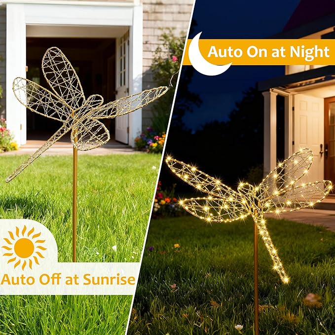 Lomotech Solar Garden Lights - 18" 240 Leds Foldable Outdoor Dragonfly Garden Decor, Waterproof Larger Outdoor Solar Lights with Iron for Garden Patio Yard Lawn Pathway Decorations (Warm White)
