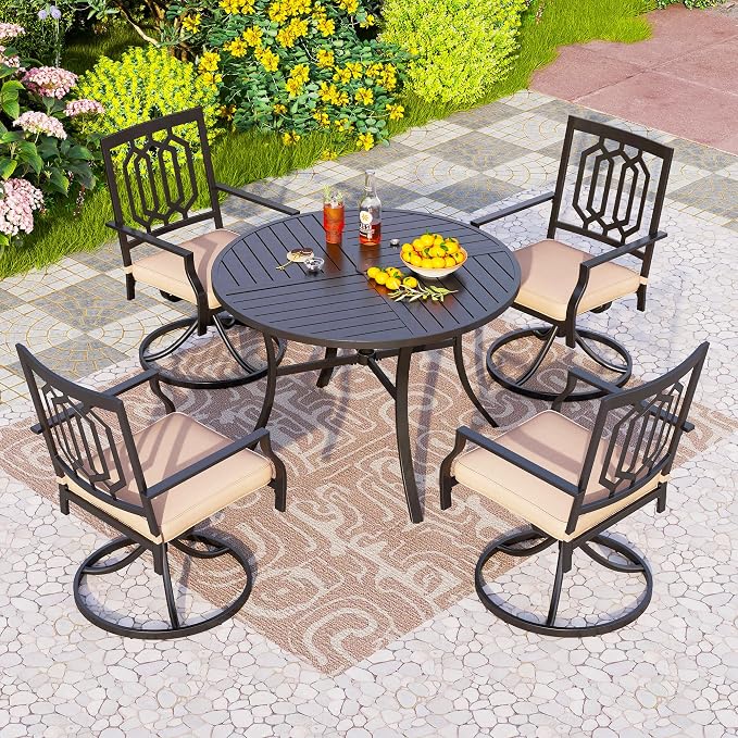 PHI VILLA Patio Dining Set, Swivel Chairs&Round Steel Table | Swivel Metal Steel Chairs with Cushions, Large Modern Furniture for Patio, Deck, Backyard, Porch