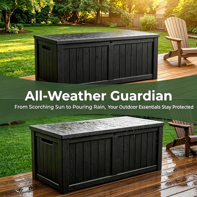 MAKINO 178 Gallon Large Resin Outdoor Storage Box, Waterproof Deck Box, Lockable Deck Container with Reinforced Support, Outdoor Chest for Patio Accessories, Outdoor Cushions, Garden Tools, Black