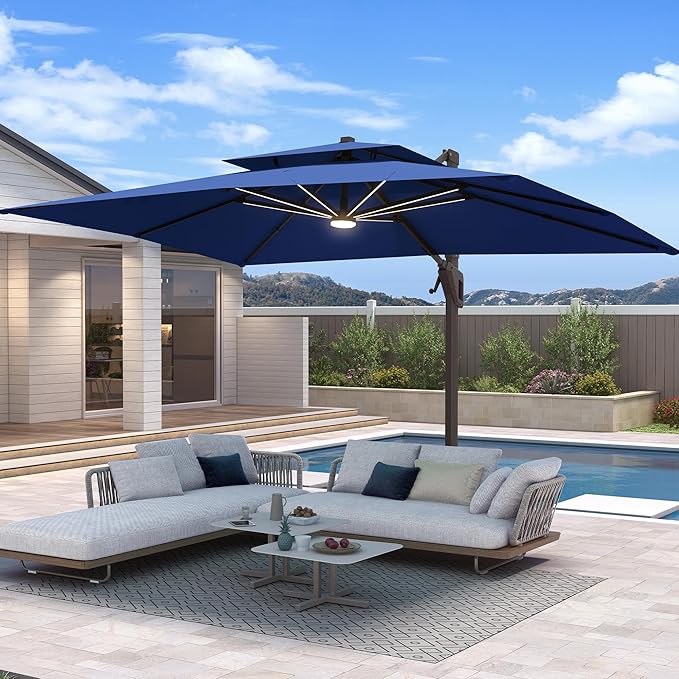 10 X 13 FT Cantilever Patio Umbrella with Led Lights Outdoor Rectangle Offset Large Double Top Heavy Duty Umbrellas with 360°Rotation for Pool Deck Backyard Garden, Navy