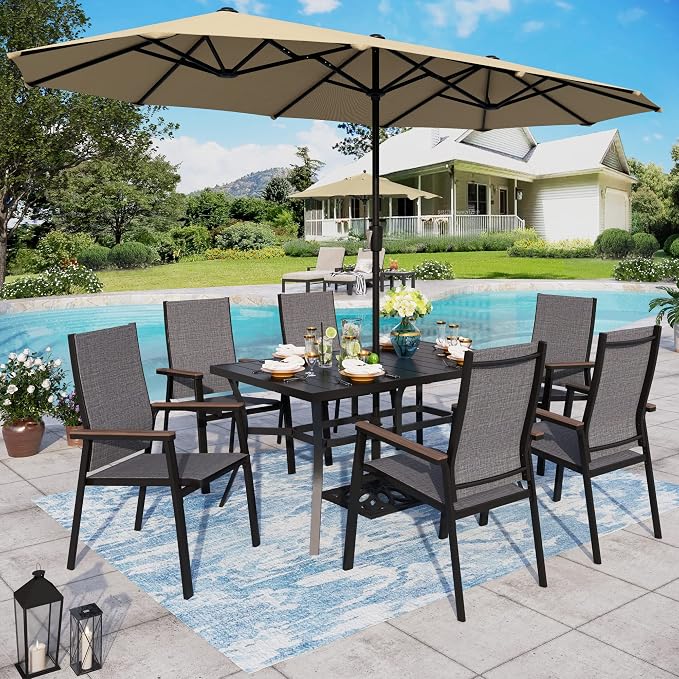 Sophia & William Patio Dining Set for 6 Patio Furniture Set 8 Pieces with 13ft Double-Sided Patio Umbrella Beige, 6 x Aluminum Patio Dining Chairs, 1 Patio Dining Table for Lawn Garden Backyard
