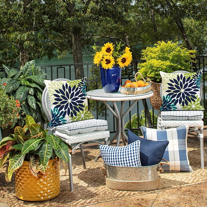 DFXSZ Outdoor Waterproof Pillow Covers 16x16 Set of 2 NavyBlue Green Flower | Spring Summer Waterproof Flower Throw Pillowcases（No Inserts）Outdoor Decor for Patio Funiture Garden Polyester Covers