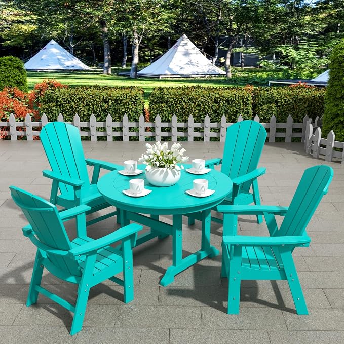 WestinTrends Malibu 5 Piece Adirondack Patio Dining Set, All Weather Poly Lumber Outdoor Table and Chairs Furniture Set, 47" Trestle Round Dining Table and 4 Adirondack Dining Chair, Turquoise
