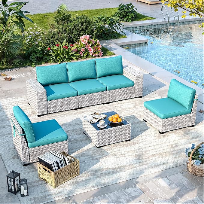 6 Piece Outdoor Wicker Sectional Sofa Set, 5-Seats Patio Furniture Conversation Set with 4" Thickened Cushions & Coffee Table, All-Weather PE Rattan for Garden, Backyard, Porch, Turquoise
