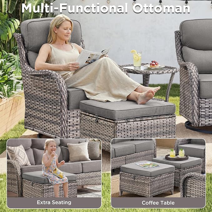 Luxury 5 Pieces Outdoor Patio Furniture Set-All Weather Wicker Outdoor Furniture with Swivel Rocker Patio Chairs 6-inch Extra Thick Cushions Wicker Conversation Set for Garden Porch(Grey/Grey)