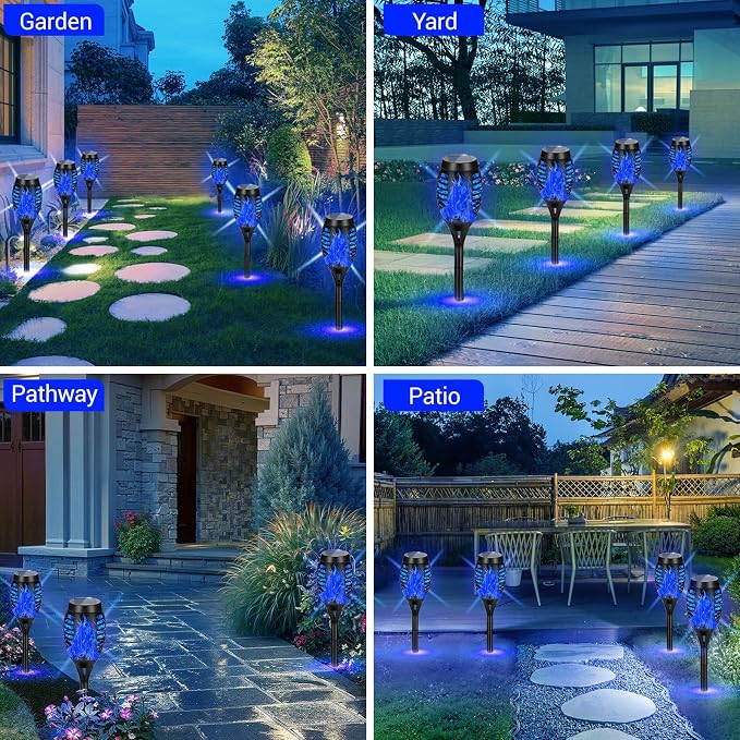 10 Pack Outdoor Solar Lights Blue Flickering Flame Solar Torch Lights | Realistic Flame Effect, IP65 Waterproof & Auto On/Off, Upgraded LED Torches for Outside Patio Yard Garden Pathway Decor