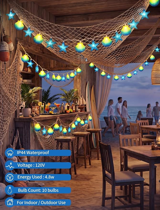 8.5Ft Beach Themed Seashell String Lights, 10 LED Starfish Lights Plug in | 1 Pack Fish Net, Connectable, Hanging Patio Lights UL Listed for Bedroo, Party, Holiday Decor, Indoor Outdoor, ,Wedding