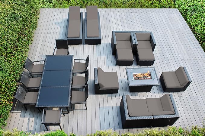 Fully Assembled Sunbrella Taupe 20 Piece Ohana Outdoor Patio Furniture Black Wicker Conversation Set with Fully Assembled Sectional and 42-inch Propane Gas Fire Table