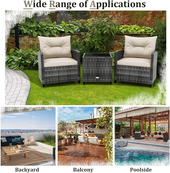 HAPPYGRILL 3 Pieces Patio Conversation Set PE Rattan Outdoor Furniture Sofa Set with Removable Cushion, PE Wicker Chairs with Tempered Glass Side Table for Porch Lawn Garden Balcony Backyard