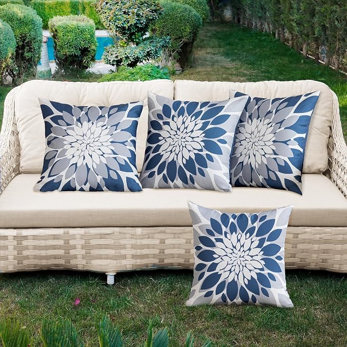 Pack of 4 Outdoor Waterproof Pillow Covers 16x16 Decorative Outdoor Throw Pillows Garden Square Cases for Patio Furniture, Couch, Tent Sunbrella, Bench, Blue Grey