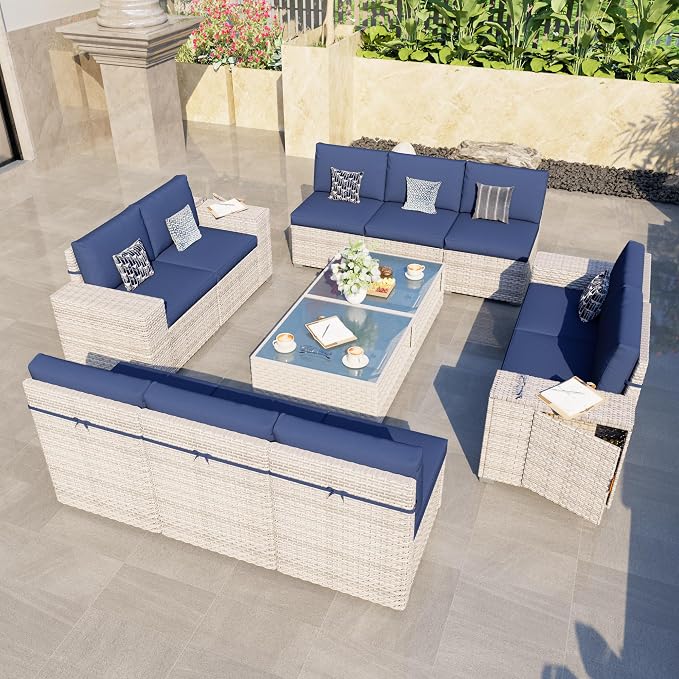 12-Piece Patio Furniture Set, Outdoor Extra Wide Armrest Modular Sectional Sofa, All-Weather Dual-Strand Rattan PE Wicker Conversation Set with Coffee Table for Porch Garden Balcony, Blue