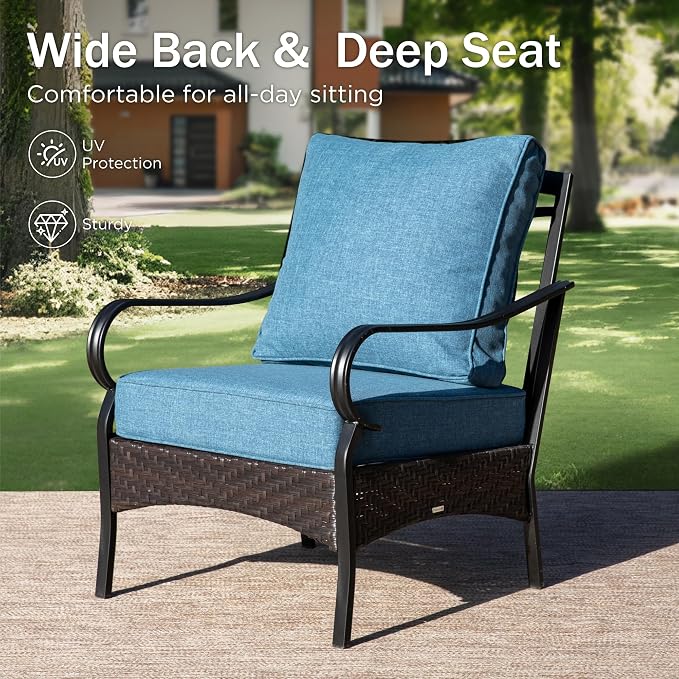 PHI VILLA Outdoor Modern Patio Furniture Set, Upgraded Wicker & Metal Patio Furniture Conversation Set with Waterproof Thick Cushions for Porch, Poolside, Yard (4 Pieces,Navy)