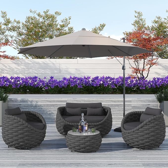 TWT 5 Pieces Patio Furniture Set, Outdoor Rope Conversation Sectional Patio Sofa with 5 Seater for Backyard, Porch, Modern Armchairs with Thickness Cushions and Side Table, Dark Grey
