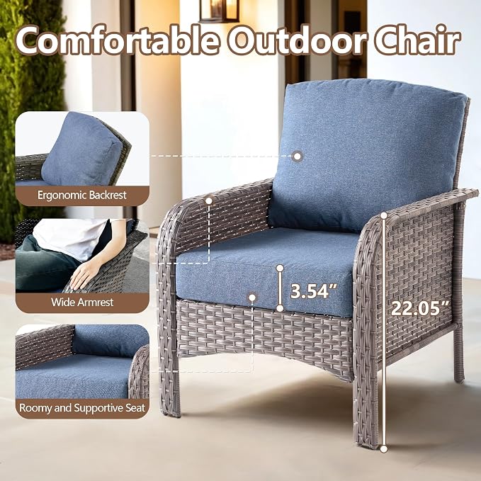3 PCS Outdoor Patio Furniture Set with Side Table, All-Weather Rattan Wicker Outdoor Conversation Set with Thickened Cushions for Balcony Backyard Garden Lawn,Blue