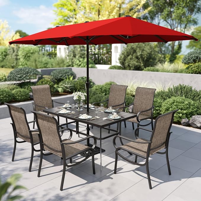 PHI VILLA 8 Pcs Outdoor Dining Set with 13ft Umbrella, Mesh Patio Chairs | 59'' rectangular metal table, 6 textilene chairs and 13ft orange red umbrella(NO BASE), all-weather for deck, garden, yard