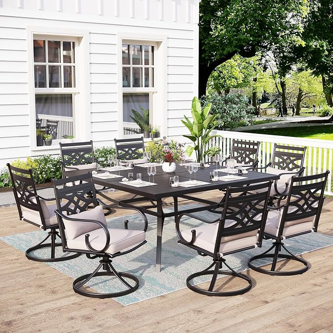MFSTUDIO 9-Piece Patio Dining Set, 57.5" Square Metal Table, Swivel Chairs | Umbrella Hole, All-Weather Use