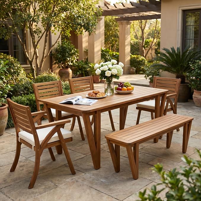 Christopher Knight Home Hermosa Acacia Wood Patio Dining Set with Bench, Solid Wood Outdoor Dining Table Set for 6, Outdoor Dining Set with Water-Resistant Cushion, Teak+Cream