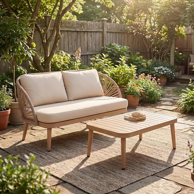 Christopher Knight Home Blanca 2 Pieces Conversation Set, Boho Patio Loveseat Sofa and Coffee Table, Acacia Wood Outdoor Loveseat and Table Set, Rope Woven Curved Loveseat with Cushions, Teak+Beige