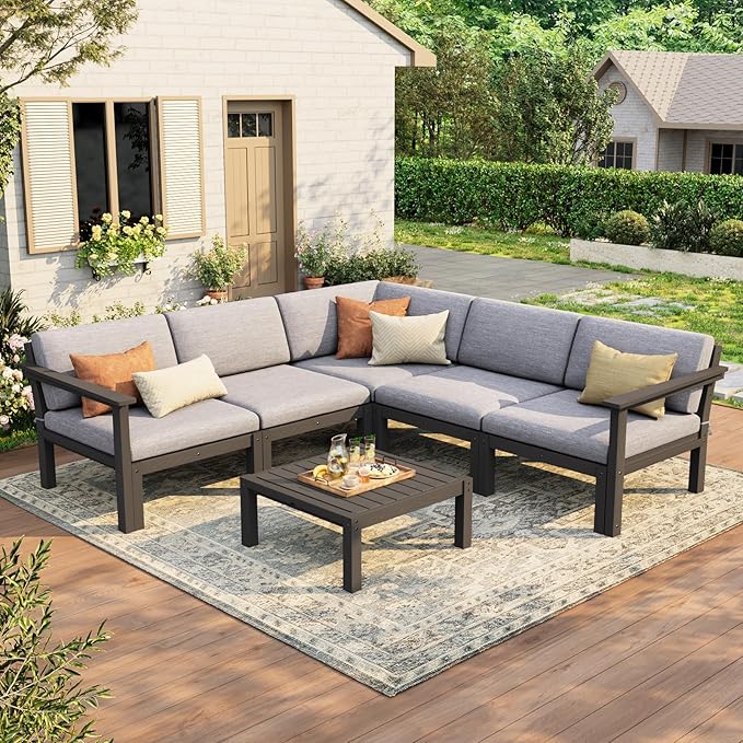 Stoog 6-Piece Patio Sectional Sofa Set, Modular Outdoor Furniture Set - All-Weather Waterproof HIPS Frame & Quick-Dry Olefin Cushions, Black