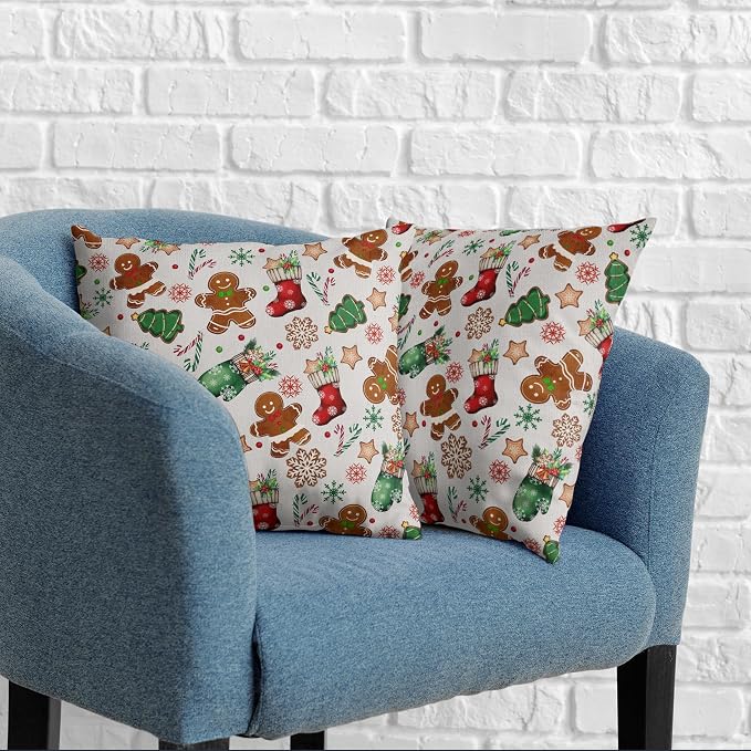 Christmas Pillow Covers 18x18 Set of 2 Gingerbread Man Throw Pillow Covers Xmas Tree Socks Gloves Snowflakes Pillow Case for Holiday Decor Couch Sofa