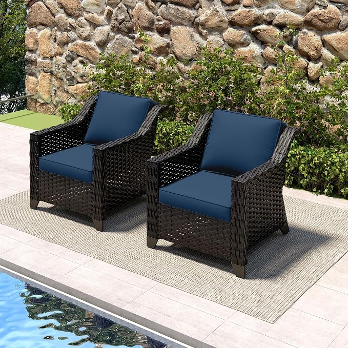 Patio 2 Pieces Wicker Chairs Set of 2，Outdoor PE Rattan Armchairs, Water-Resistant Cushions with Removable and Washable Covers, Porch, Balcony, Sunroom (Navy Blue)