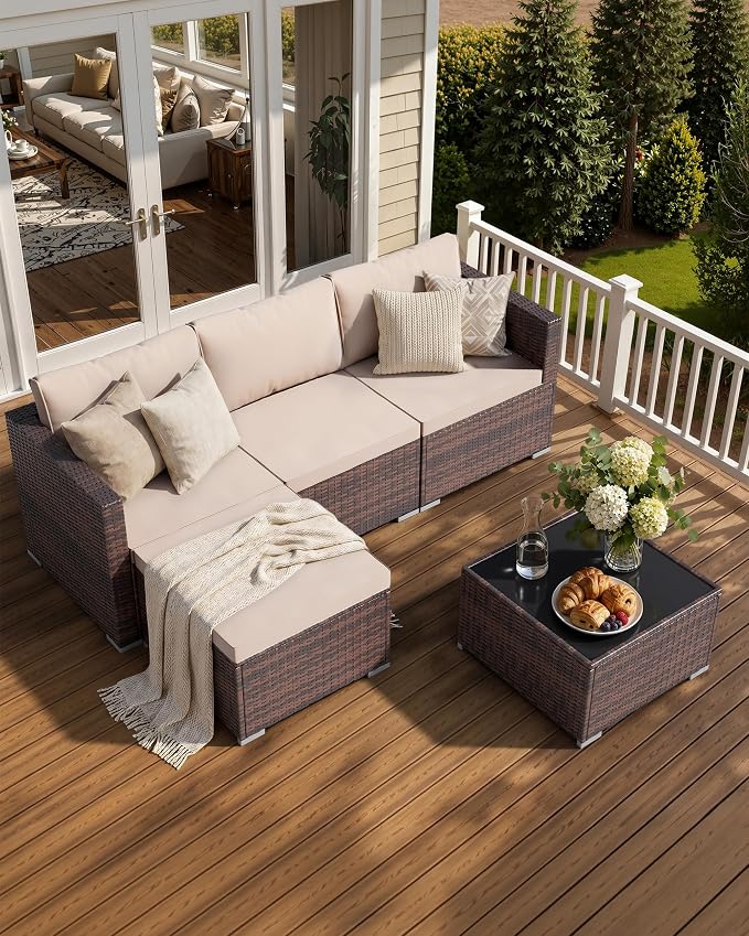 Skyfish Patio Furniture Set - Wide Armrests - All-Weather 5 Piece Outdoor Wicker Sectional Couch with Chaise Lounge,Couch Conversation Set, PE Rattan Sofa for Backyard Porch Poolside Brown/Khaki