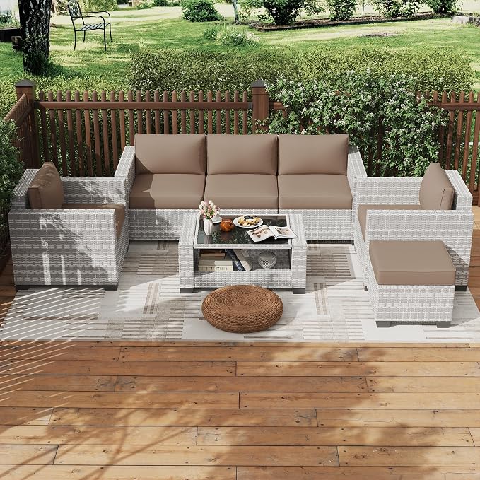 KIGOTY Patio Furniture Set 7 PCS Patio Conversation Sets, All-Weather PE Rattan Outdoor Sectional Sofa with Cushion and 2- Tier Glass Coffee Table（Grey White/Camel）