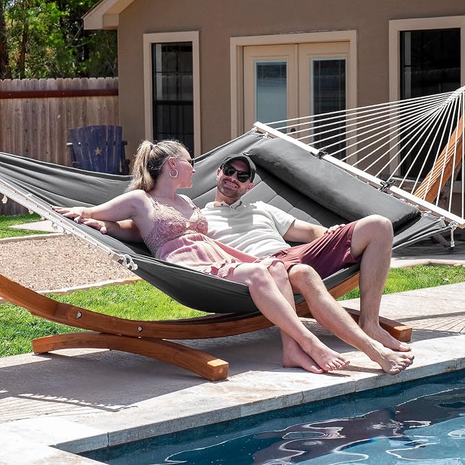 SUNCREAT Hammocks Double Hammock with Wooden Stand, Hammock Cover, Outdoor Hammocks for Outside, 475 lbs Capacity, Dark Gray